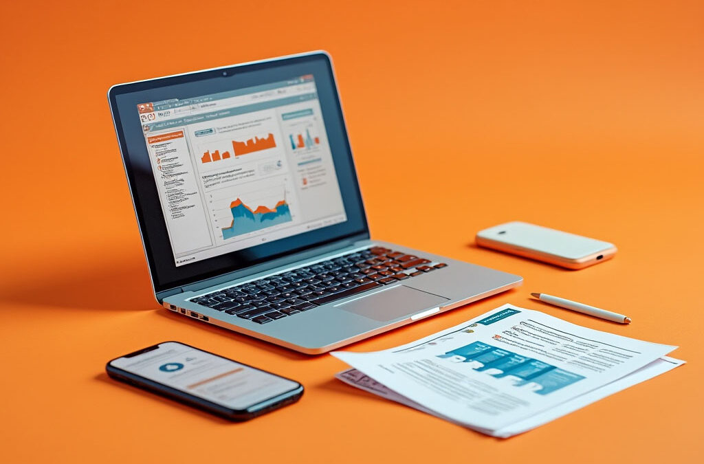 Laptop och dokument på orange bakgrund