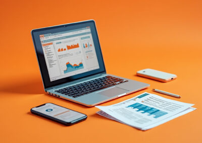 En laptop som visar dataanalyser och dokument. Laptop och dokument på orange bakgrund