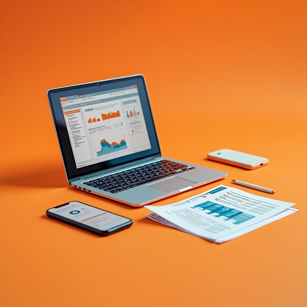 Laptop och dokument på orange bakgrund