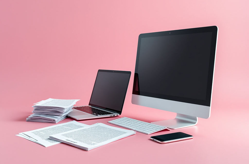 Datorer och papper på rosa bakgrund