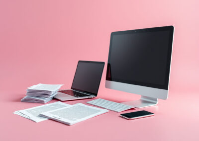 Datorer och papper på rosa bakgrund