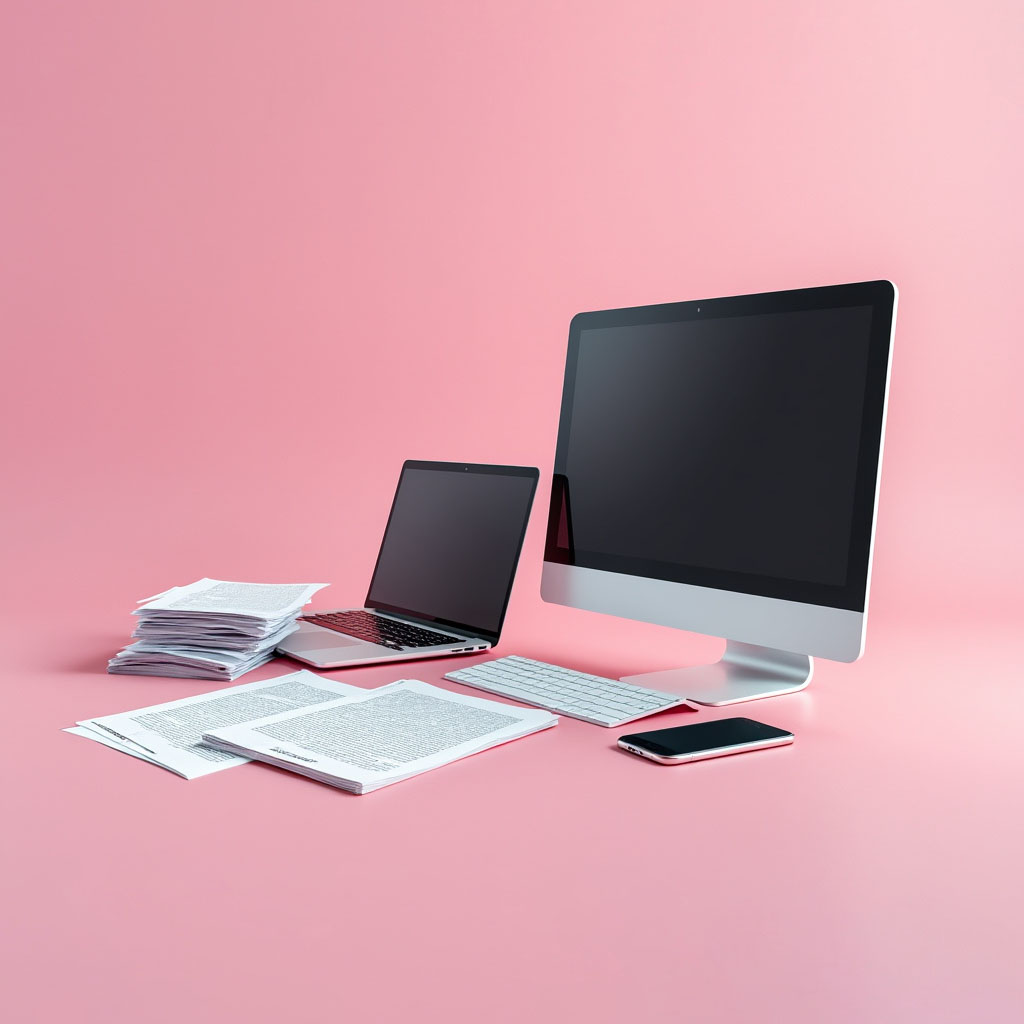 Datorer och papper på rosa bakgrund