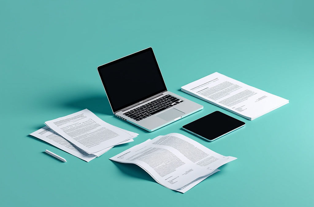Dator, dokument och surfplatta på bordet.