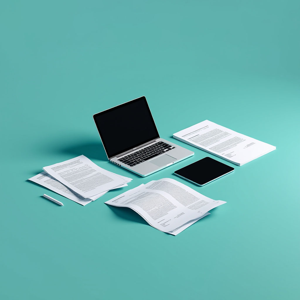 Dator, dokument och surfplatta på bordet.