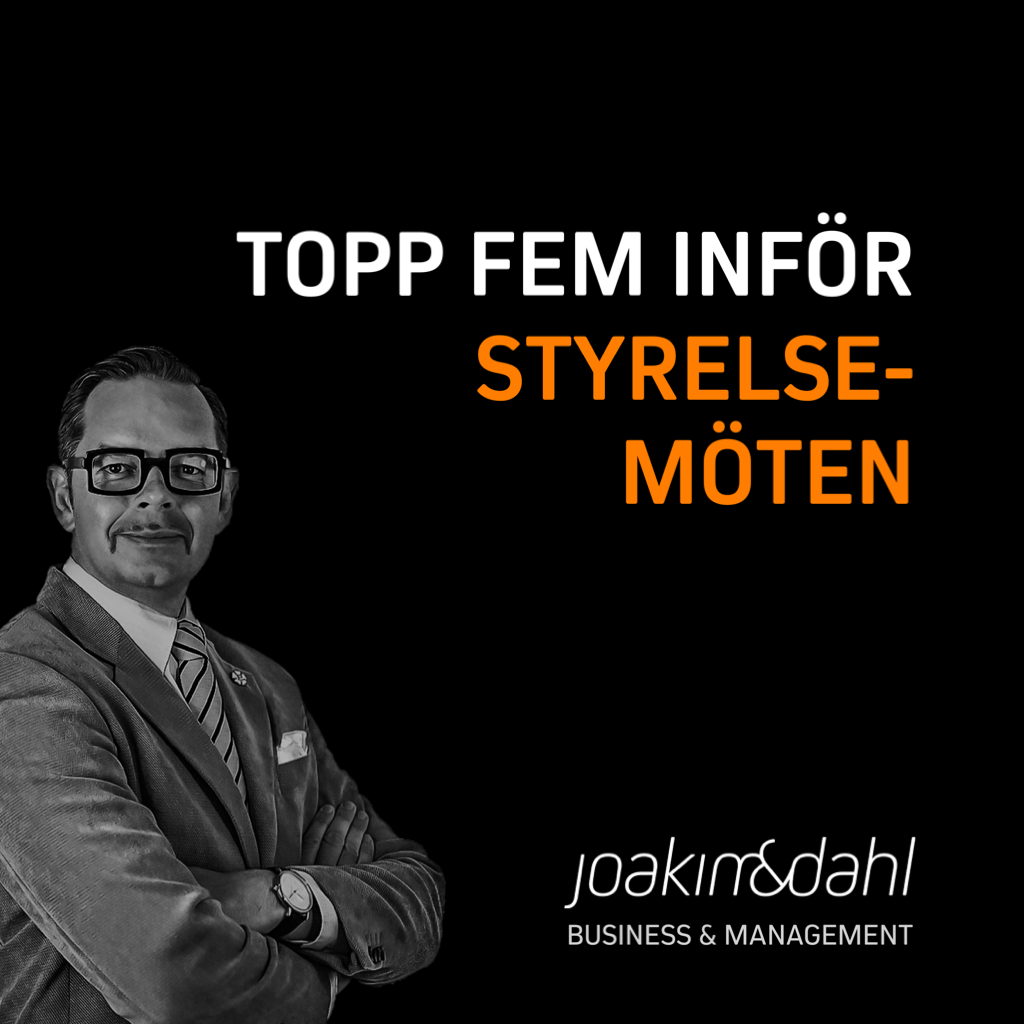 Man i kostym som står med armarna i kors framför texten 'Topp fem inför styrelsemöten'.