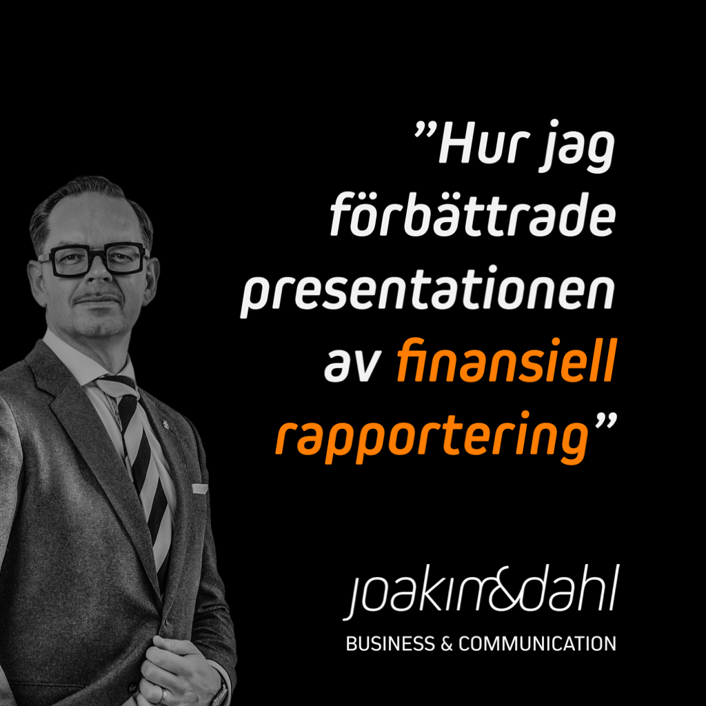 Man i kostym med glasögon står framför en text som säger 'Hur jag förbättrade presentationen av finansiell rapportering'.