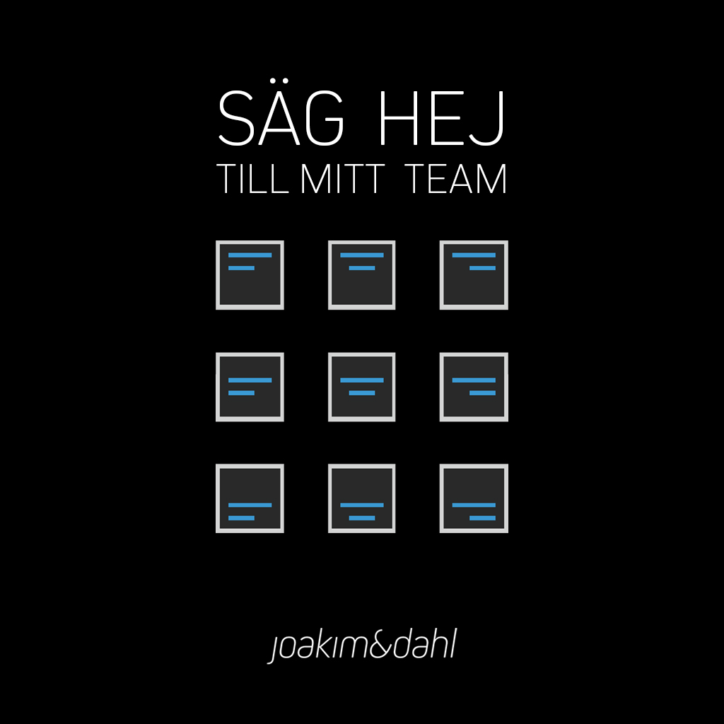 Grafisk design med texten 'SÄG HEJ TILL MITT TEAM' och nio ikoner i ett rutnät på svart bakgrund.
