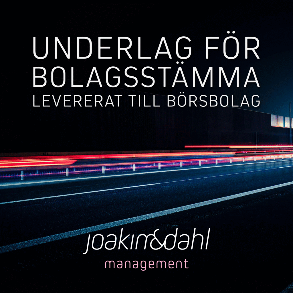 Texten 'Underlag för bolagsstämma levererat till börsbolag' med ljuslinjer på en mörk bakgrund.