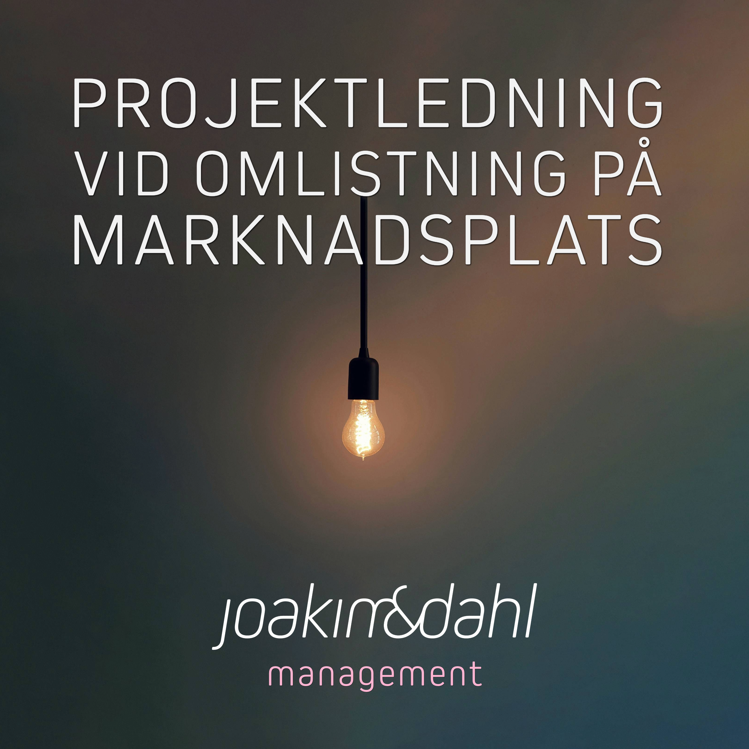 Texten 'Projektledning vid omlistning på marknadsplats' med en hängande lampa i bakgrunden.