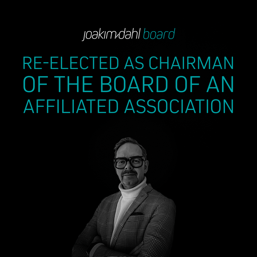 Joakim Dahl återvald som ordförande för styrelsen av en ansluten förening med svart bakgrund och blå text.