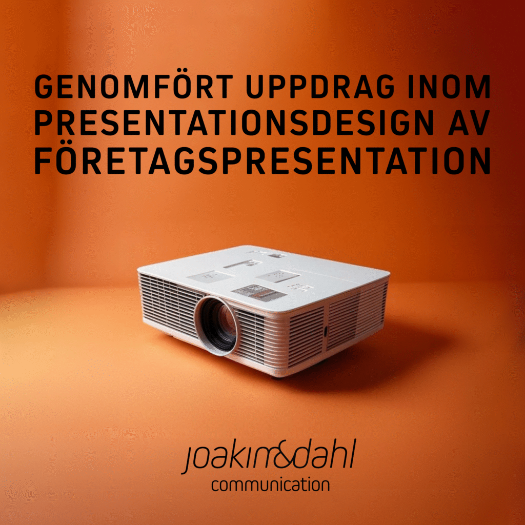 Projektor med vit yta och svart text som beskriver presentationsdesign av företagspresentation.