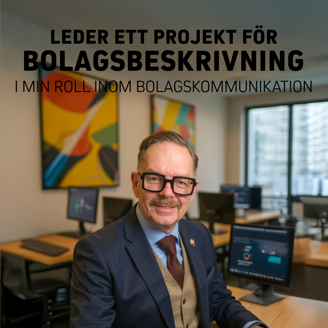 Man i kostym som leder ett projekt för bolagsbeskrivning med fokus på bolagskommunikation.