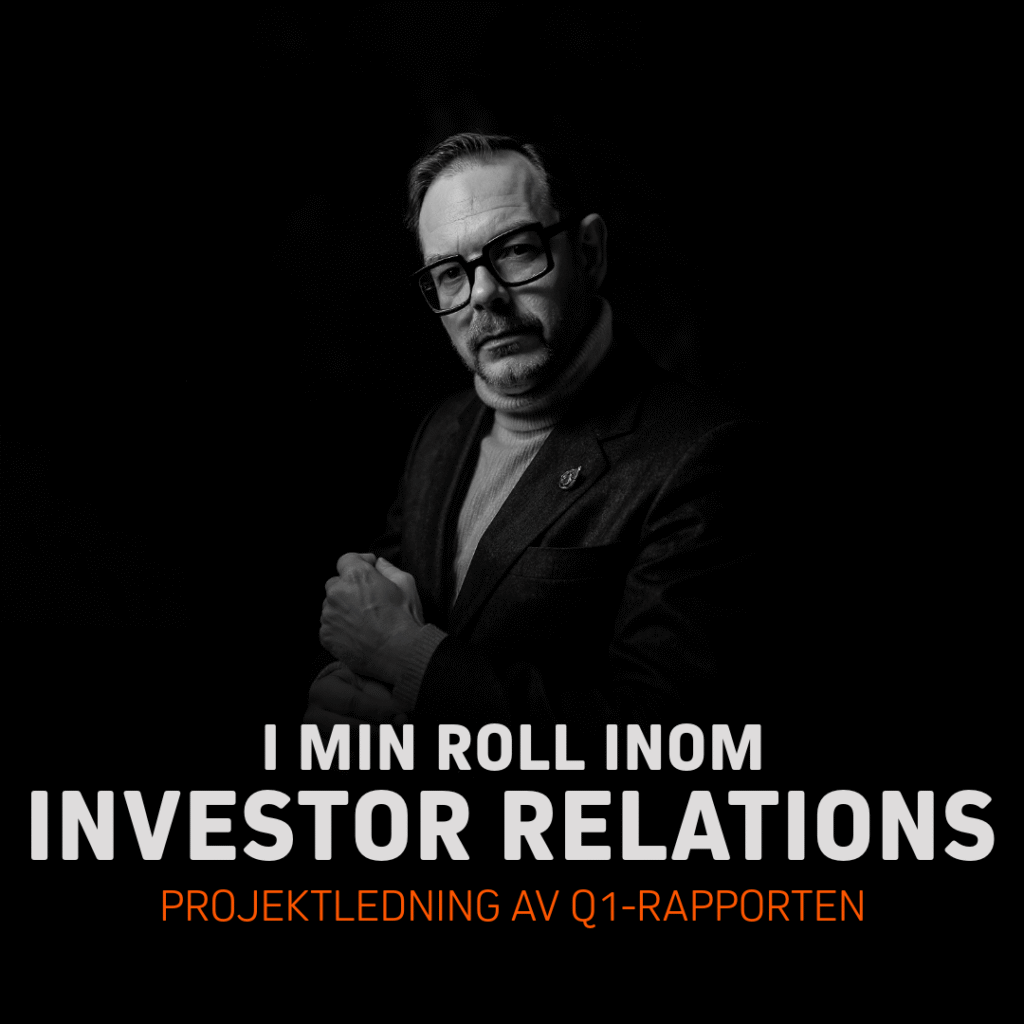 Man i mörk kostym med glasögon, poserar med armarna i kors och ser seriös ut, text om investerarrelationer.