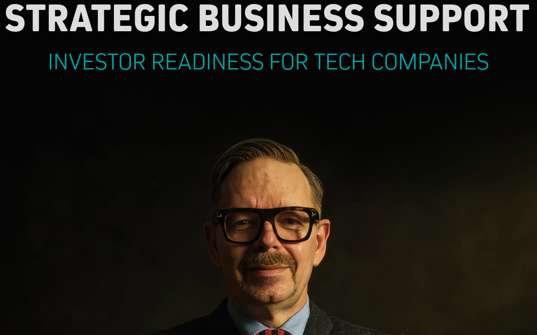 Man i kostym med glasögon står framför en mörk bakgrund, med text om affärsstöd för teknikföretag.