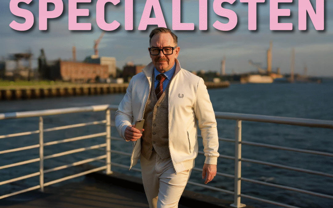 Man i kostym vid vattnet.