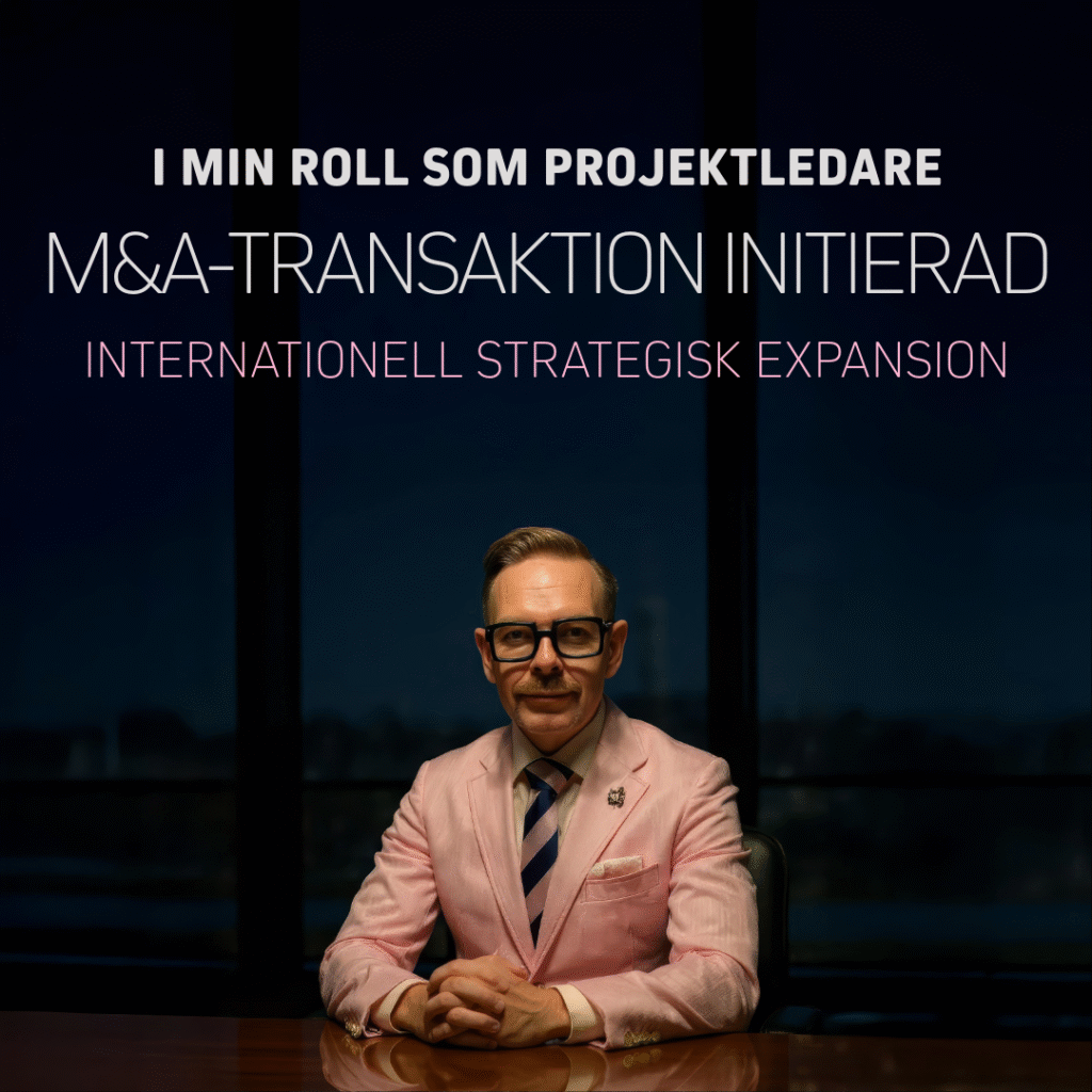 En man i rosa kostym med text om internationell strategisk expansion. Professionell man i kostym, mörk bakgrund.