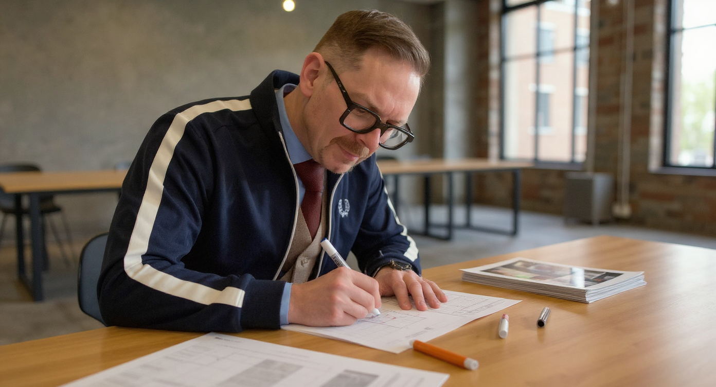 Man skriver på papper vid bordet.