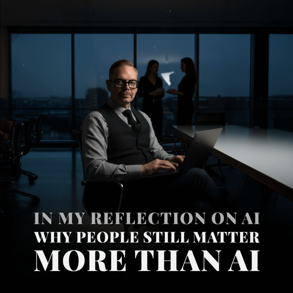 Man i kostym sitter vid ett bord med en laptop, med text om AI och människors betydelse i bakgrunden.