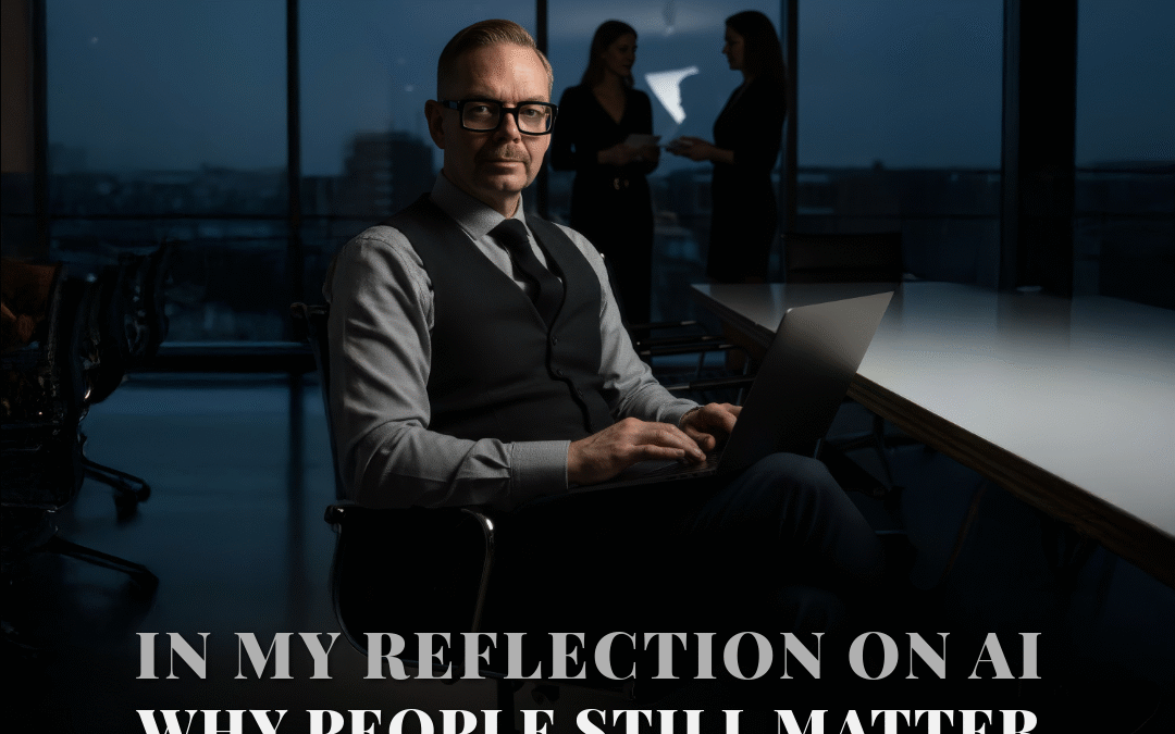 Man i kostym sitter vid ett bord med en laptop, med text om AI och människors betydelse i bakgrunden.