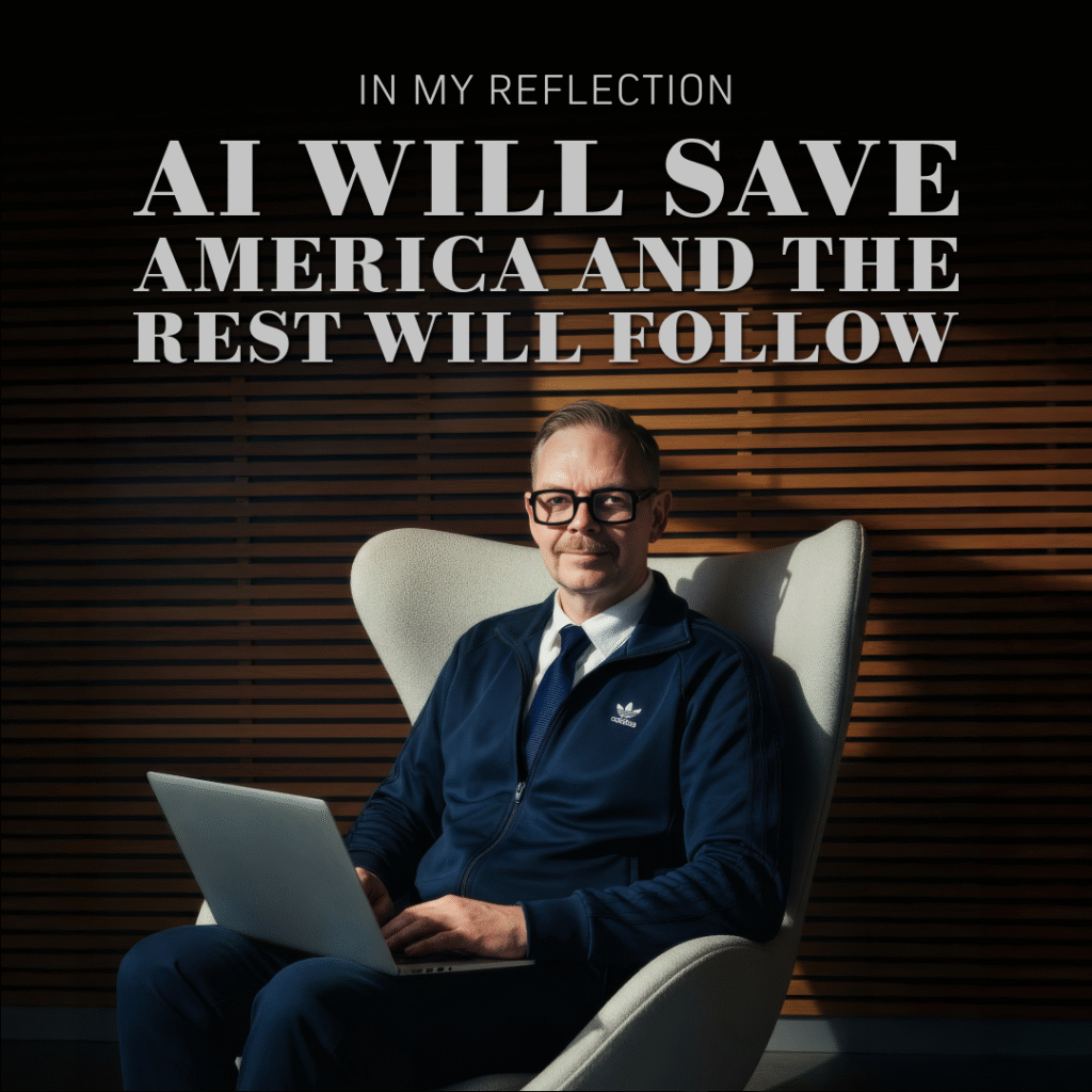 Man med laptop i en modern stol, med text om AI:s påverkan. Man i mörk kostym och glasögon sitter i en stol med laptop, med texten 'AI kommer att rädda Amerika och resten följer'.