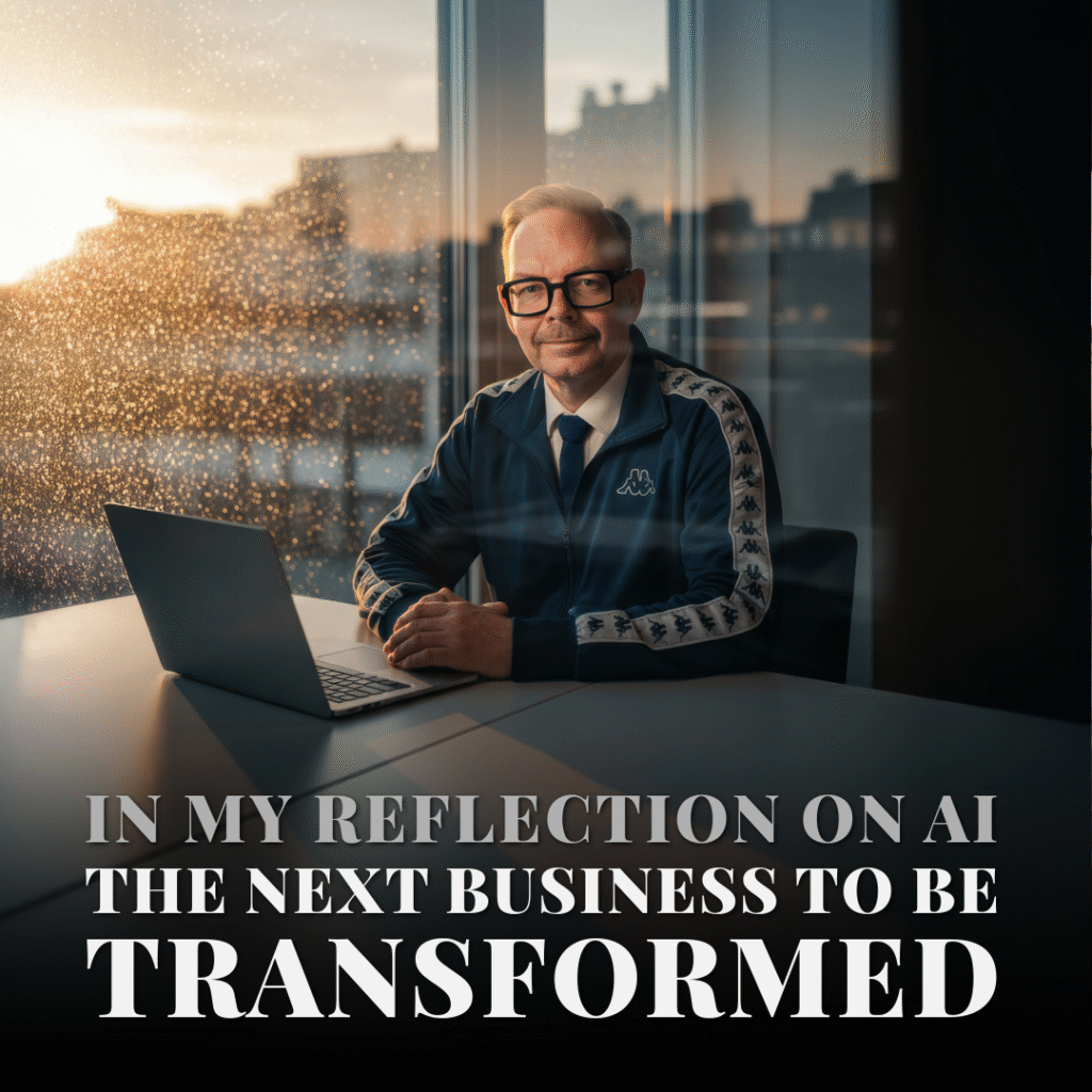 Man i sportjacka sitter vid en laptop med texten 'In my reflection on AI the next business to be transformed'.