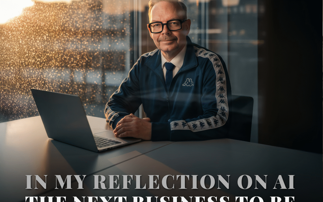 Man i sportjacka sitter vid en laptop med texten 'In my reflection on AI the next business to be transformed'.