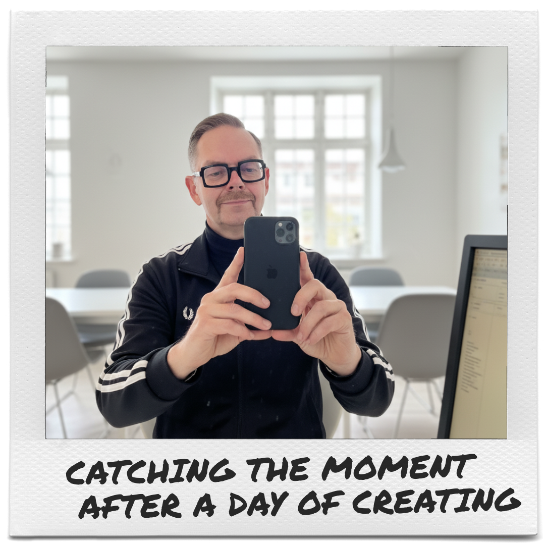 Man i svart jacka tar en selfie med en smartphone efter en dag av skapande.