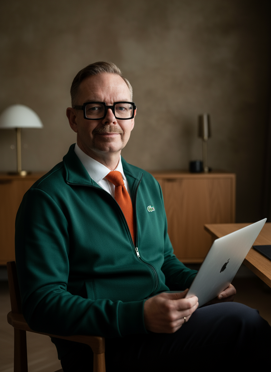 Man i grön tröja och orange slips som sitter vid ett bord med en iPad.