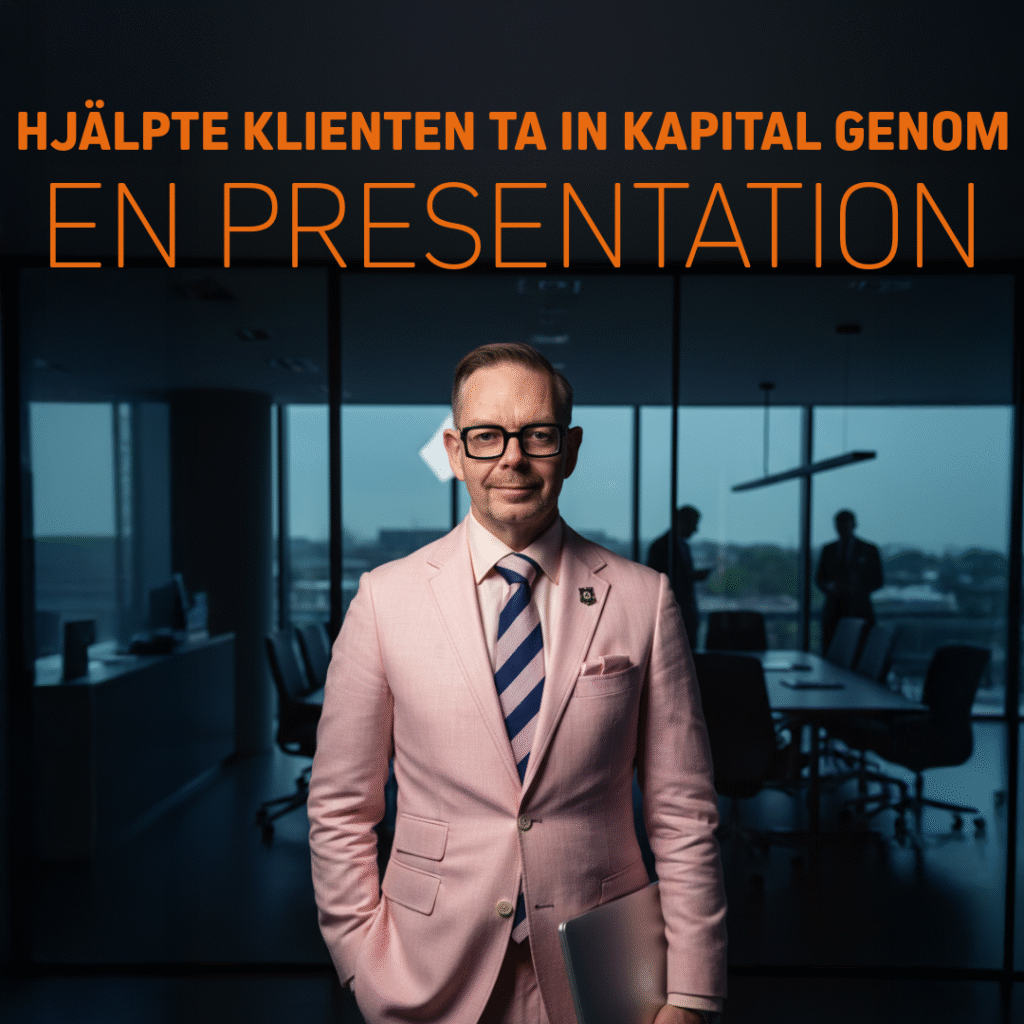 Man i ljusrosa kostym i en kontorsmiljö. Man i ljusrosa kostym står i en kontorsmiljö med en presentation i bakgrunden.