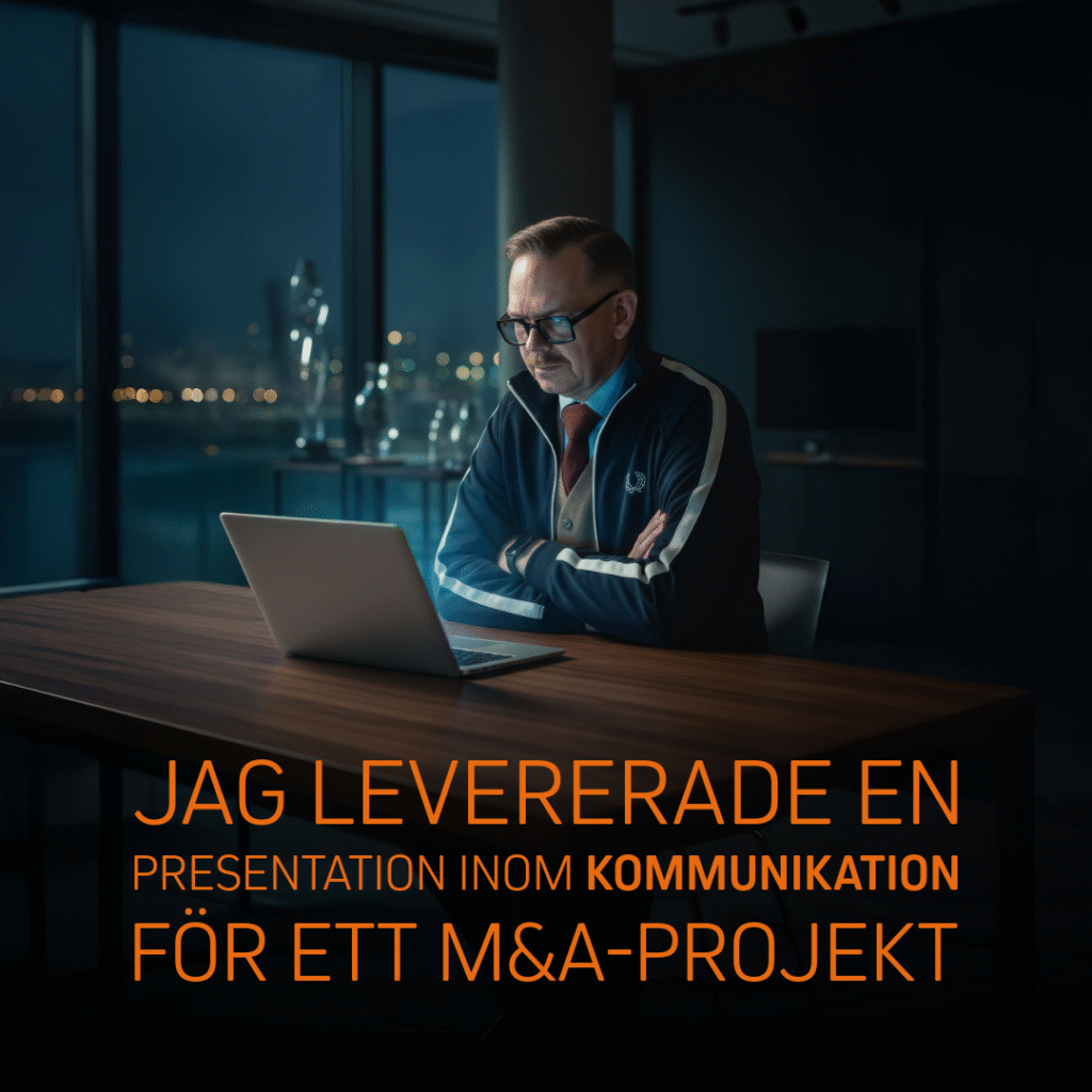 Man i kostym sitter vid ett bord med en laptop och arbetar med en presentation för ett M&A-projekt.