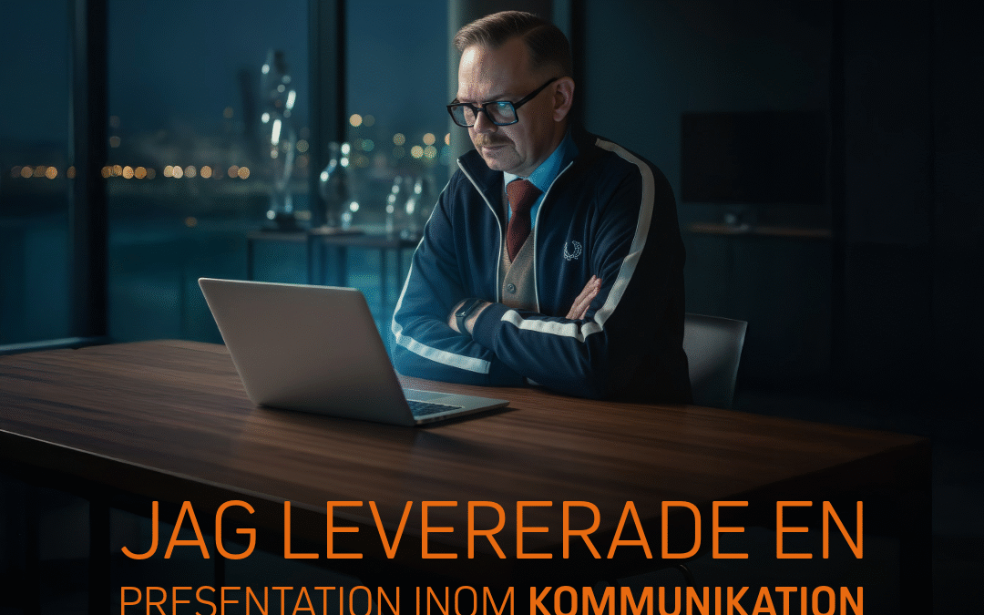 Man i kostym sitter vid ett bord med en laptop och arbetar med en presentation för ett M&A-projekt.