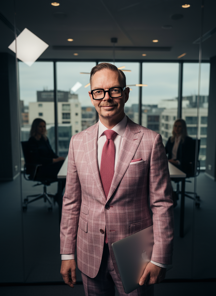 Man i rutigt rosa kostym med laptop i handen, står i kontorsmiljö med fönster och kollegor i bakgrunden.