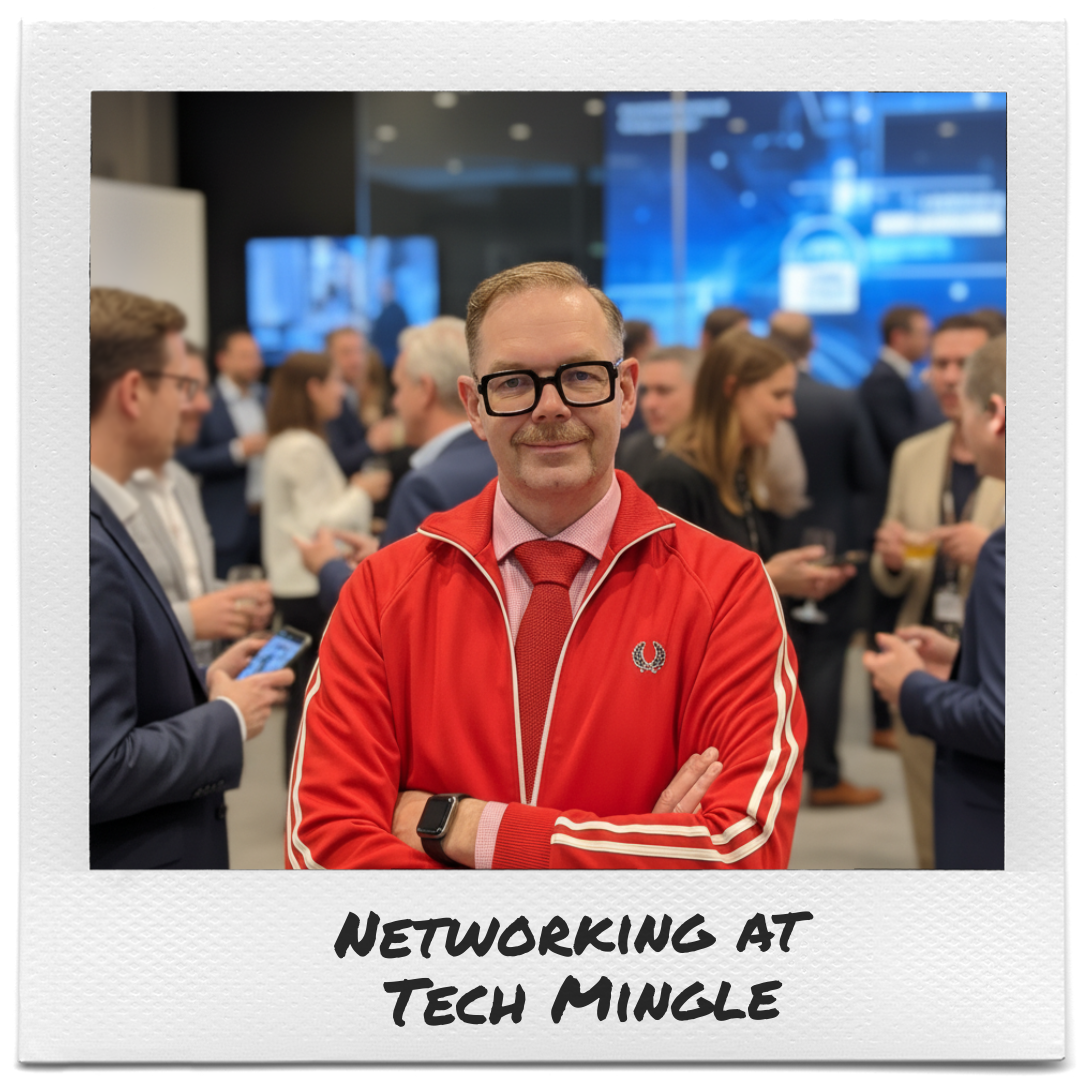 Man med glasögon och mustasch i röd jacka står framför en folksamling på ett nätverksevenemang.