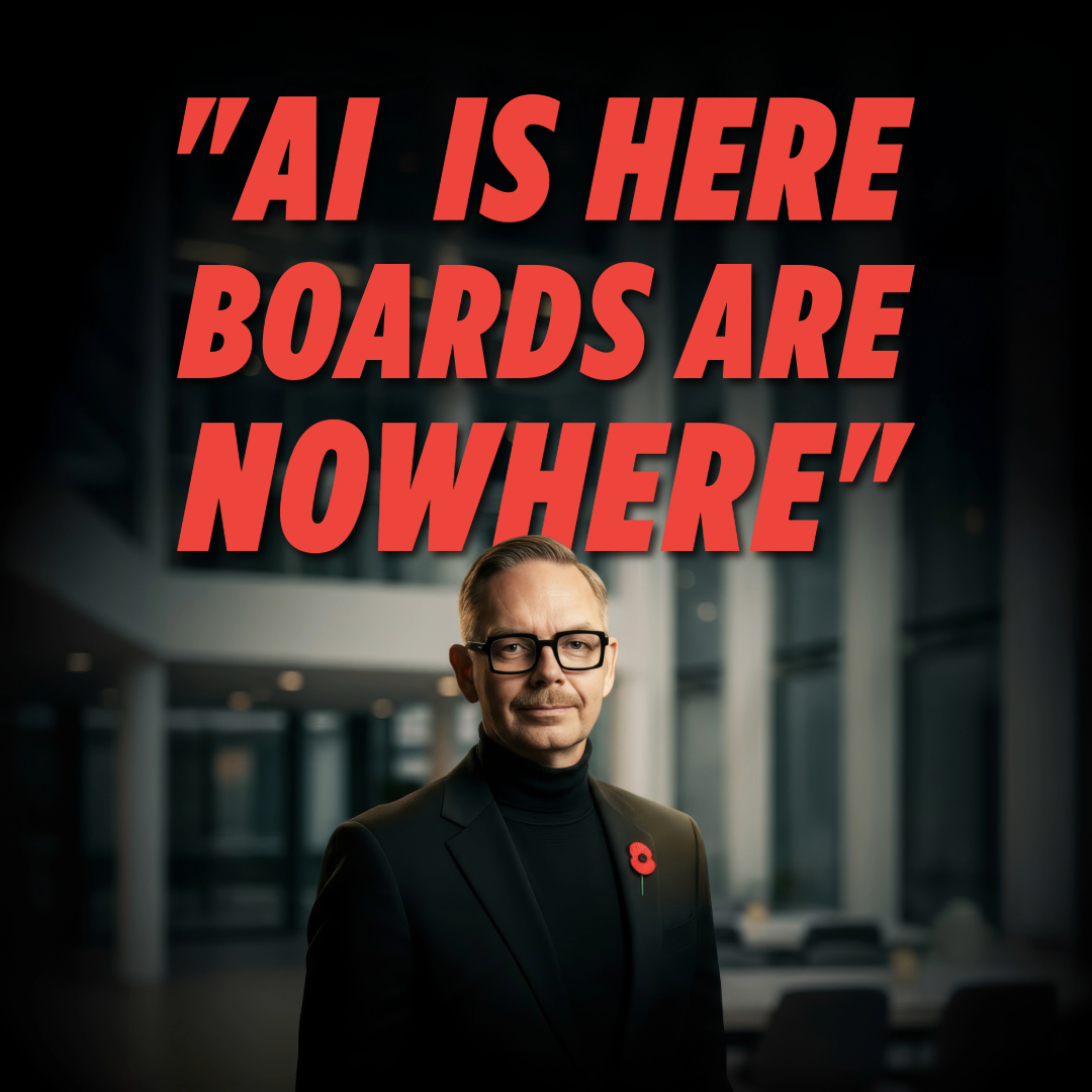 Porträtt av man med glasögon i svart klädsel och röd text om AI. Porträtt av man med glasögon i svart klädsel, med texten 'AI IS HERE BOARDS ARE NOWHERE' i röd färg.