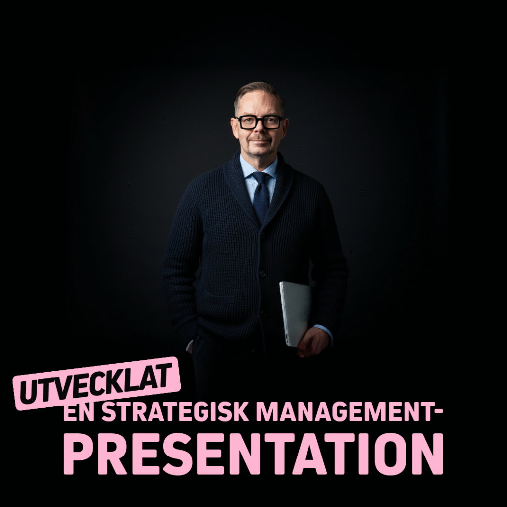 Man i kostym med glasögon står med en laptop i handen framför en mörk bakgrund. Texten 'UTVECKLAT EN STRATEGISK MANAGEMENT-PRESENTATION' är synlig.