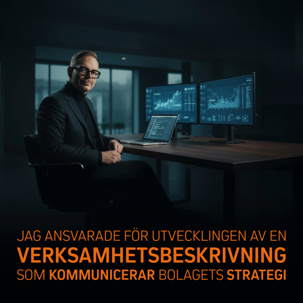 Person i formell kostym sitter vid ett skrivbord med en dator och två skärmar som visar affärsdata och diagram.