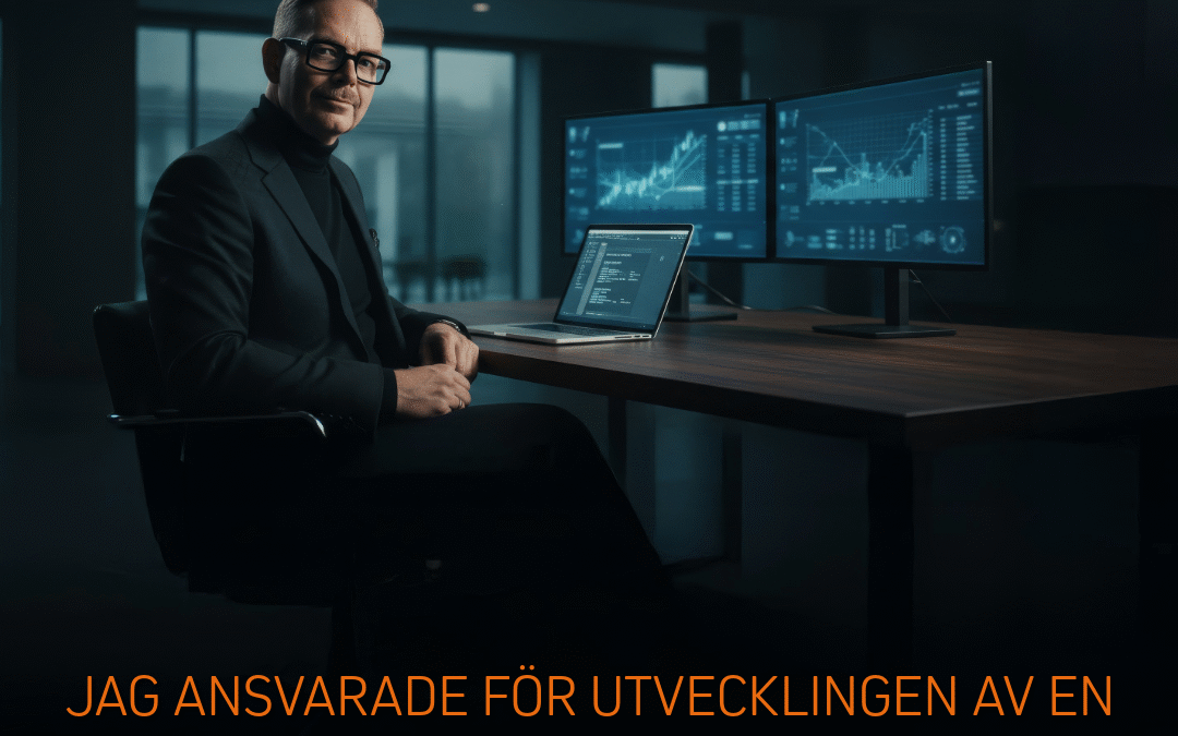 Person i formell kostym sitter vid ett skrivbord med en dator och två skärmar som visar affärsdata och diagram.