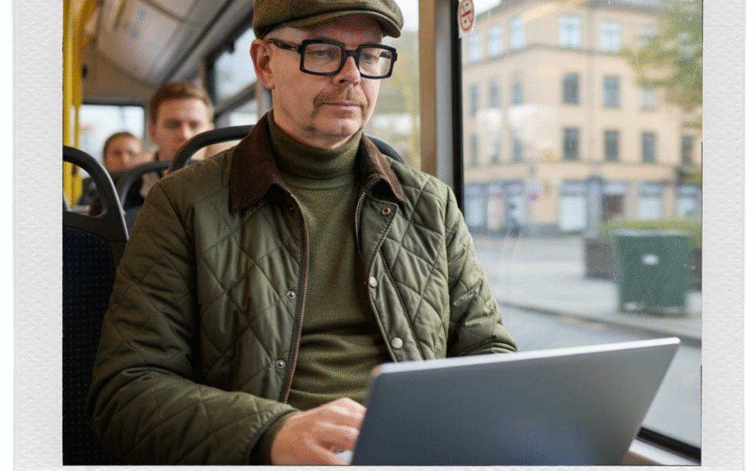 På väg till dagens möte och använder bussen som ett mobilt kontor