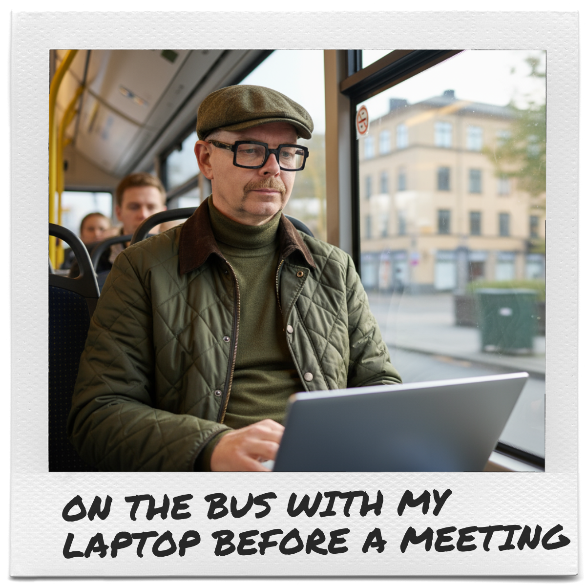 På väg till dagens möte och använder bussen som ett mobilt kontor