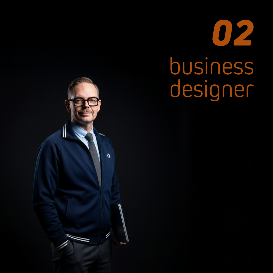 Affärsdesigner i mörkblå jacka med vit krage, står med en laptop i handen, mot en svart bakgrund.