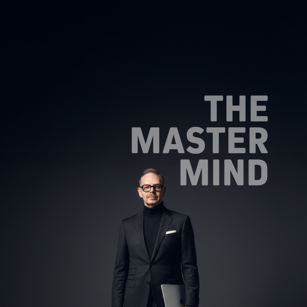 Man i svart kostym med glasögon som står framför en mörk bakgrund med texten 'THE MASTER MIND'.