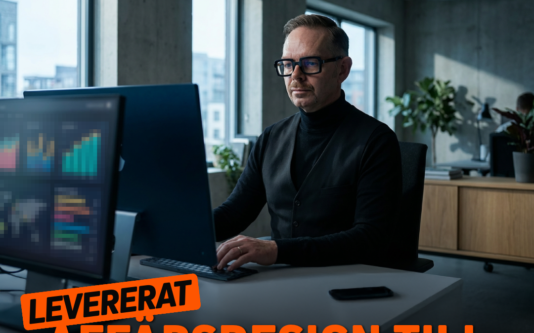 Man som arbetar vid dator med affärsdesign och informationsmemorandum på skärmen.