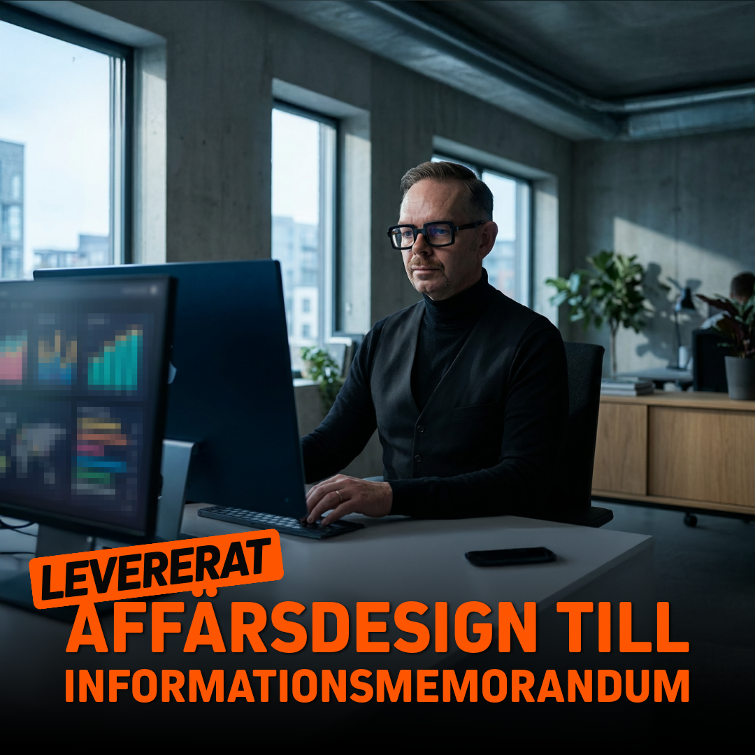 Man som arbetar vid dator med affärsdesign och informationsmemorandum på skärmen.
