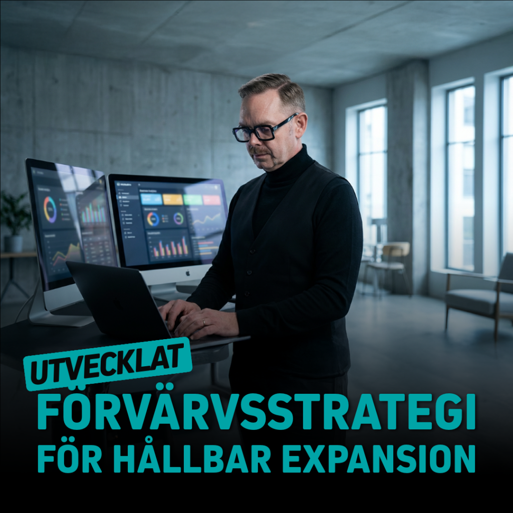 Man som arbetar vid en dator med två skärmar som visar grafer och diagram för affärsanalys.