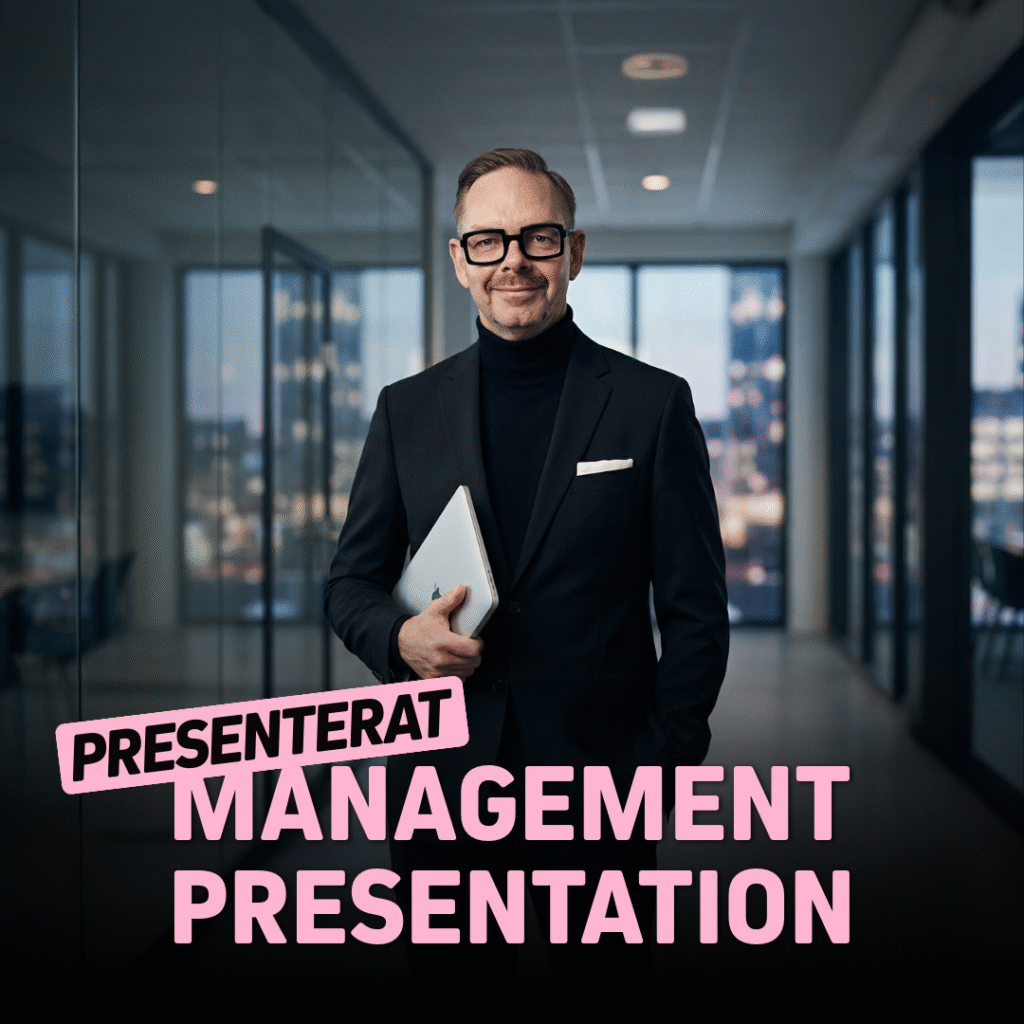 Man i kostym med surfplatta står i ett kontorslandskap, med texten 'Presenterat Management Presentation'.