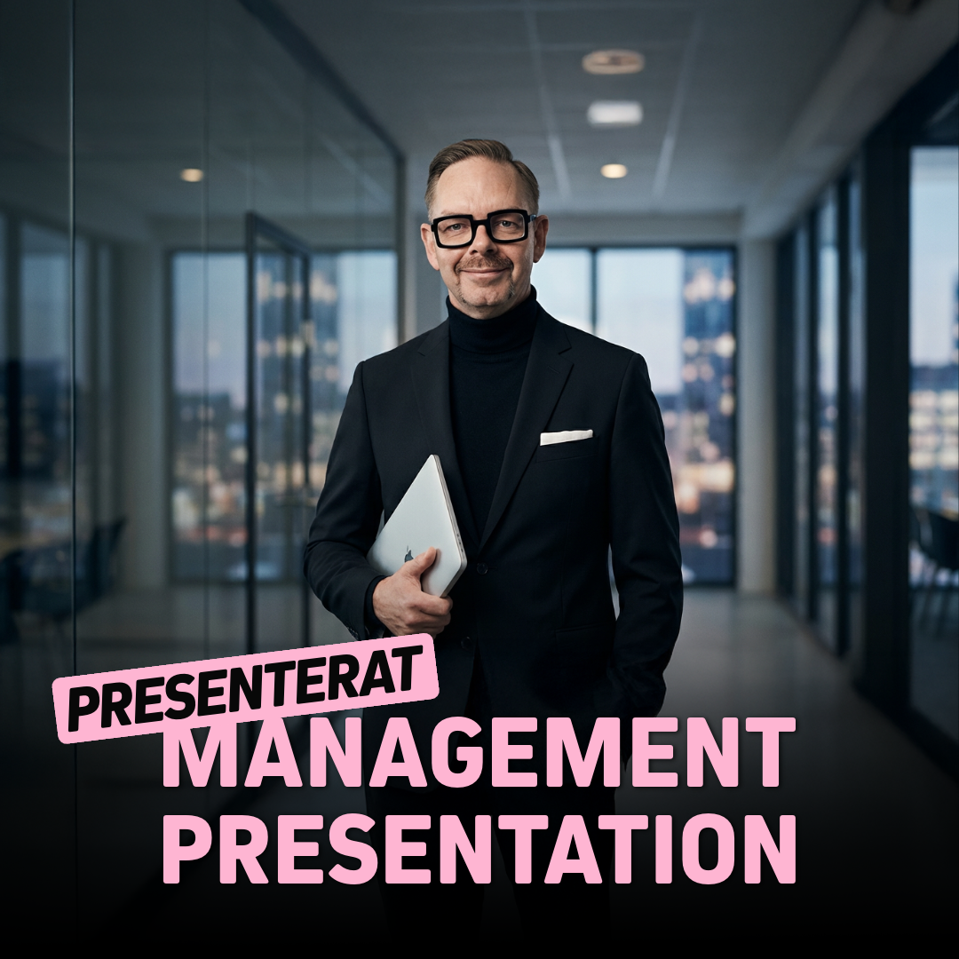 Man i kostym med surfplatta står i ett kontorslandskap, med texten 'Presenterat Management Presentation'.