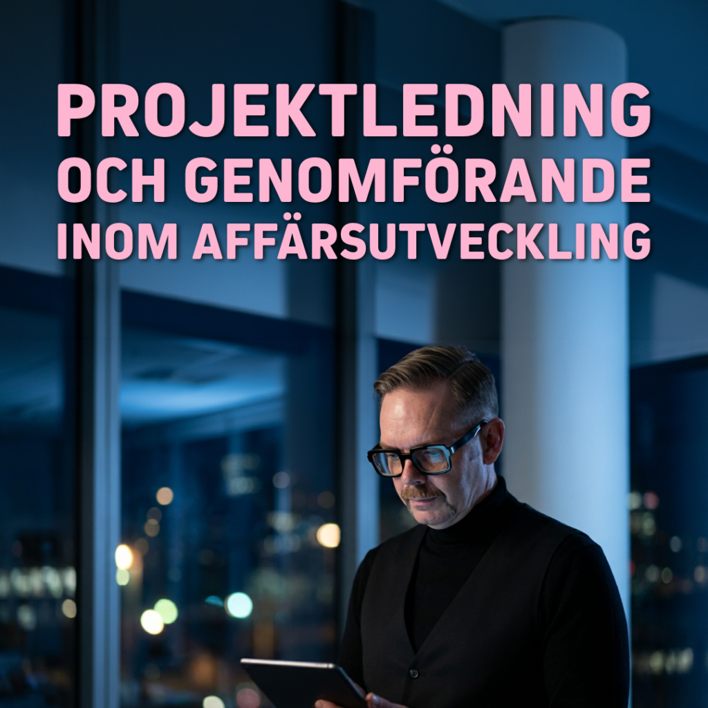 Man som står med en surfplatta och läser texten 'Projektledning och genomförande inom affärsutveckling' i en modern miljö.