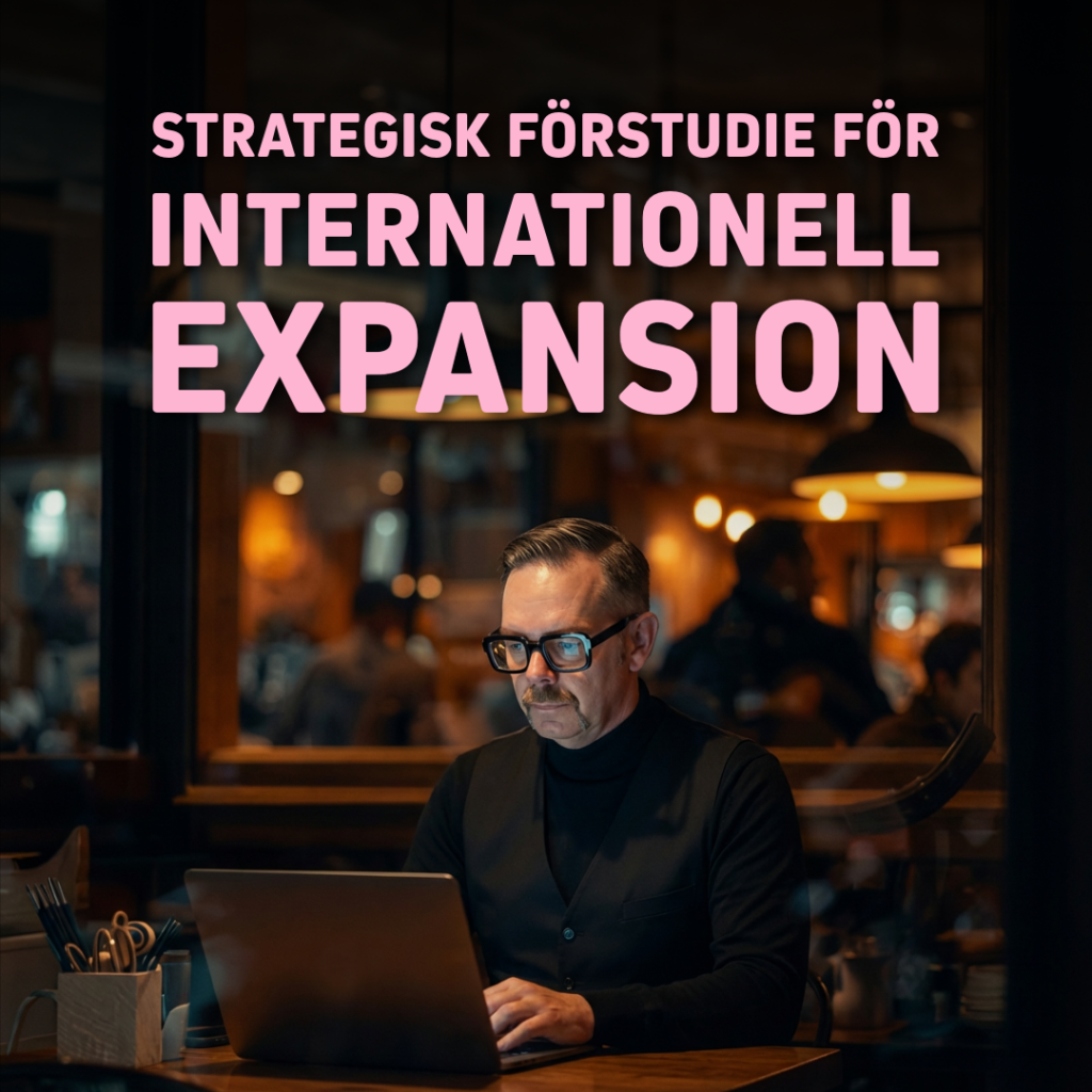 En man som arbetar med en laptop i en inomhusmiljö. Man som arbetar vid en laptop med texten 'Strategisk förstudie för internationell expansion' i bakgrunden.