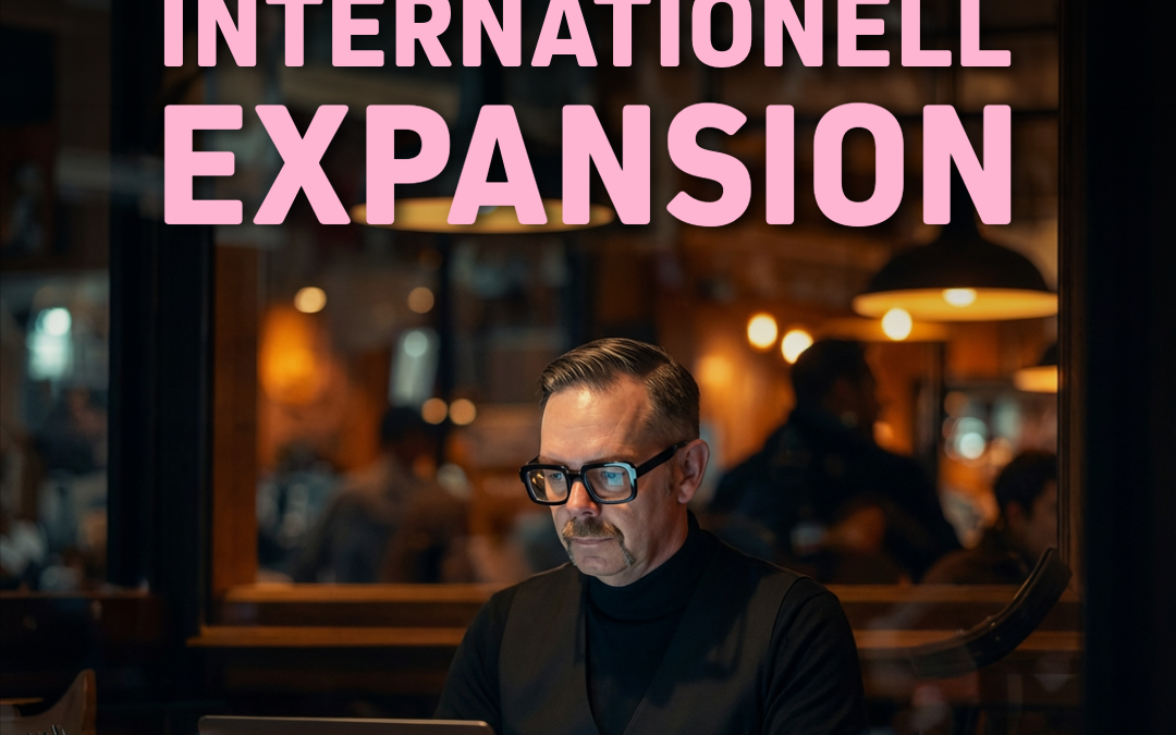 Man som arbetar vid en laptop med texten 'Strategisk förstudie för internationell expansion' i bakgrunden.