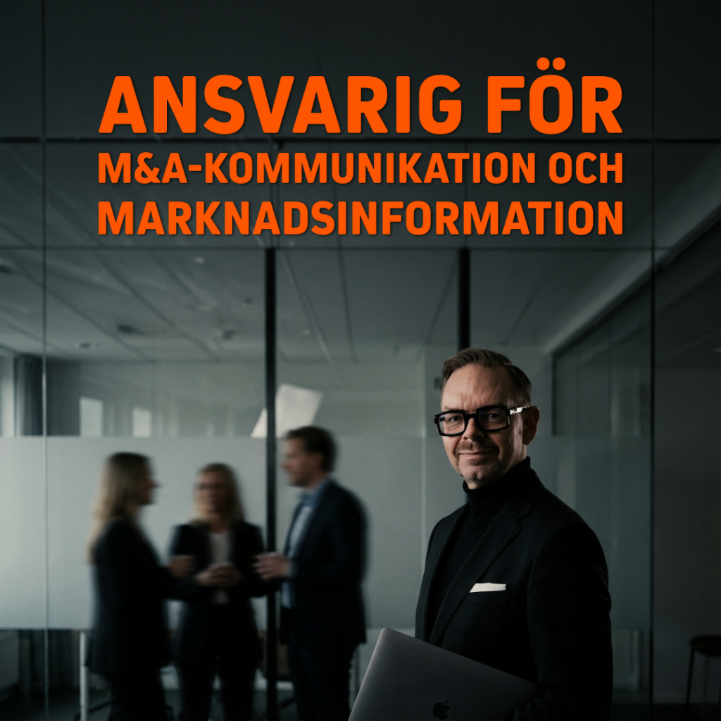 Man i kostym med glasögon som står framför en grupp människor i en kontorsmiljö, med text om M&A-kommunikation.